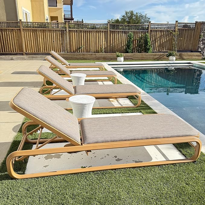 PURPLE LEAF Outdoor Chaise Lounges 3 Pieces Chairs with Cushion Aluminum Pool Side Sun Lounges Adjustable Reclining Patio Set Teak