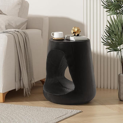 Faux Concrete Side Table Outdoor Faux Stone End Table, Round Outdoor Accent Tables, Garden Stool Plant Stand for Porch, Backyard Black Wood-Like Texture,
