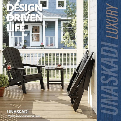 Folding Adirondack Chair with Cup Holder, HDPE All Weather Resistant Plastic Outdoor Patio Chairs, Heavy Duty Fire Pit Seating for Backyard Lawn Garden, Wooden Textured Design(Black)