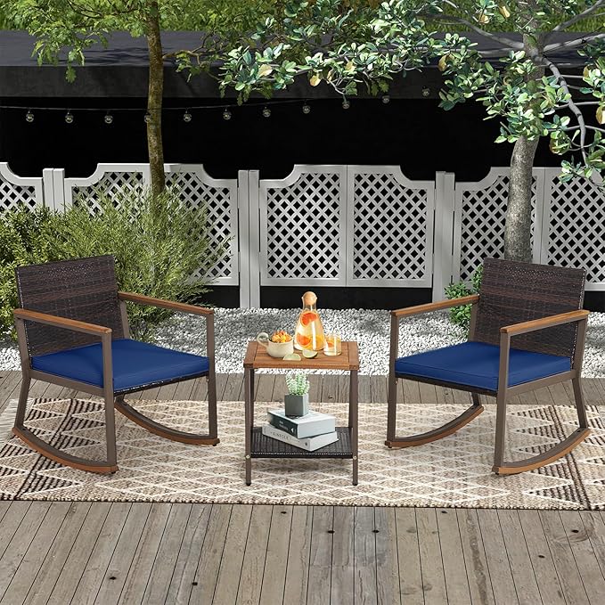 HAPPYGRILL 3 Pieces Rocking Bistro Set, Outdoor PE Wicker Rocking Chair with Coffee Table, Soft Seat Cushions Included - Photo 2
