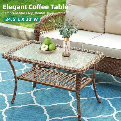 VIVIJASON Outdoor Wicker Coffee Table, All-Weather Rattan Patio Coffee Table with 2-Tier Storage, Tempered Glass Top Rectangle Center Table for Deck, Garden, Balcony, Porch, Indoor or Outdoor Use