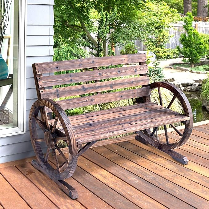 Ni-shore Wooden Wagon Wheel Bench Rustic Outdoor Patio Furniture, 2-Person Seat Bench with Backrest