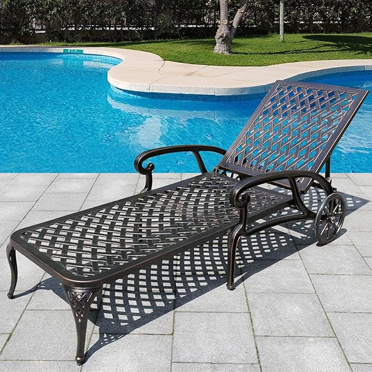HOMEFUN Chaise Lounge Chair Outdoor, Poolside Lounger Outside Cast Aluminum Tanning Chairs with Adjustable Backrest and Moveable Wheels, Bronze