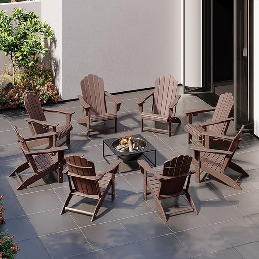 Costaelm Lakeview Outdoor Patio HDPE Adirondack Chairs with Cup Holders (Set of 8), Dark Brown