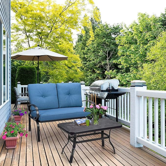Giantex Patio Loveseat with Coffee Table Outdoor Bench with Cushion and Metal Frame, Loveseat Porch Furniture Set Sofa for Garden, Yard, Patio or Poolside (Navy & Black)