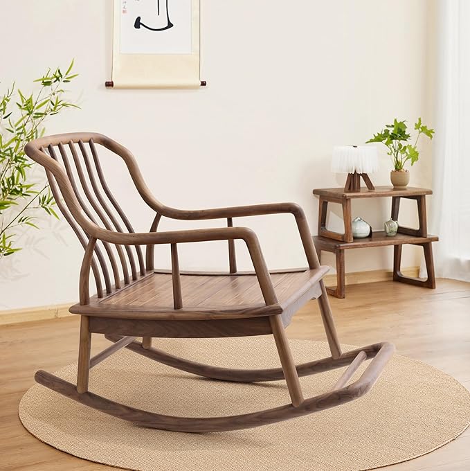 Rocking Chair Black Walnut Wood Patio Rocking Chairs Outdoor Rocking Chair & Indoor Rocker for Garden Patio Balcony Backyard Porch Rocker with Cushion and Backrest