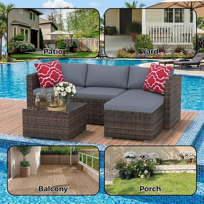 5-Piece Patio Sectional Sofa Set, All-Weather Brown PE Rattan Outdoor Conversation Furniture with Neutral-Tone Cushions - Photo 5