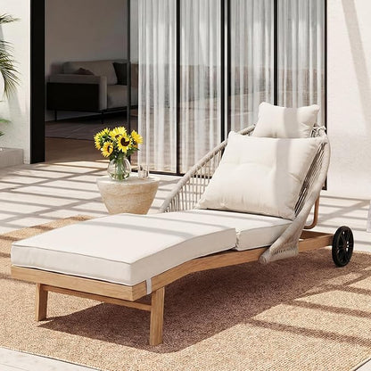Patio Chaise Lounge Chair with Wheels, Outdoor Lounge Chairs with Thick Cushions, Patio Chaise Lounger Outdoor Handwoven Rope Armrests, Wicker Chairs for Outside, Poolside, Deck, Khaki