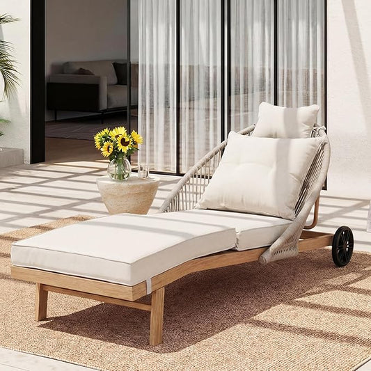 Patio Chaise Lounge Chair with Wheels, Outdoor Lounge Chairs with Thick Cushions, Patio Chaise Lounger Outdoor Handwoven Rope Armrests, Wicker Chairs for Outside, Poolside, Deck, Khaki