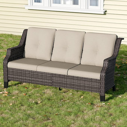 Outdoor Patio Sofa Wicker 3 Seater Sofa, Rattan Couch with Deep Seat and Olefin Cushions, High Backrest, All-Weather for Balcony, Deck, Backyard