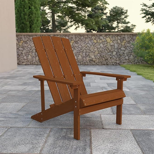 Pemberly Row Contemporary Faux Wood Adirondack Chair, Teak Finish, Weather-Resistant Polystyrene, UV Treated, 35" H x 29.5" W x 33.5" D, Outdoor Patio Chair, Rustic Relaxation Furniture