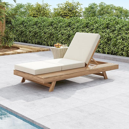 Christopher Knight Home Dami Patio Chaise Lounge Chair Outdoor with Foldable Cushion, Acacia Wood Poolside Sun Lounger, Space Available On One Side, Adjustable Backrest Pool Lounger, Light Brown+Cream