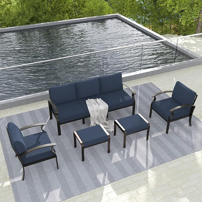 Gotland Aluminum Patio Furniture Set, Metal Outdoor Furniture with 2 Ottomans 5.1’’ High-Resilience Seat Cushions, 5 Piece Patio Set, Oversized Outdoor Sectional Patio Conversation Sets, Navy