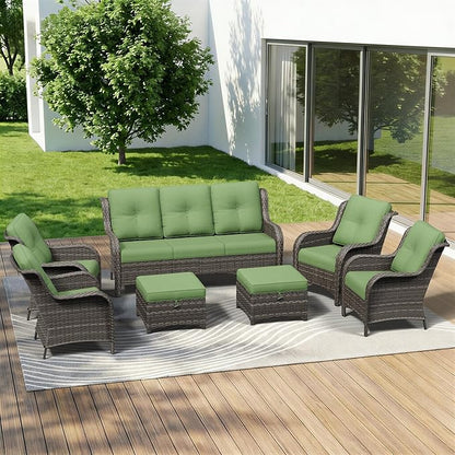 7 Piece Outdoor Wicker Patio Furniture Set, Patio Chairs Set with Thickened Olefin Cushions, High Back and Deep Seating, Hand-Woven PE Rattan, Ottoman for Porch, Deck