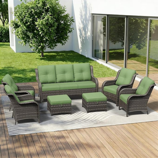 7 Piece Outdoor Wicker Patio Furniture Set, Patio Chairs Set with Thickened Olefin Cushions, High Back and Deep Seating, Hand-Woven PE Rattan, Ottoman for Porch, Deck