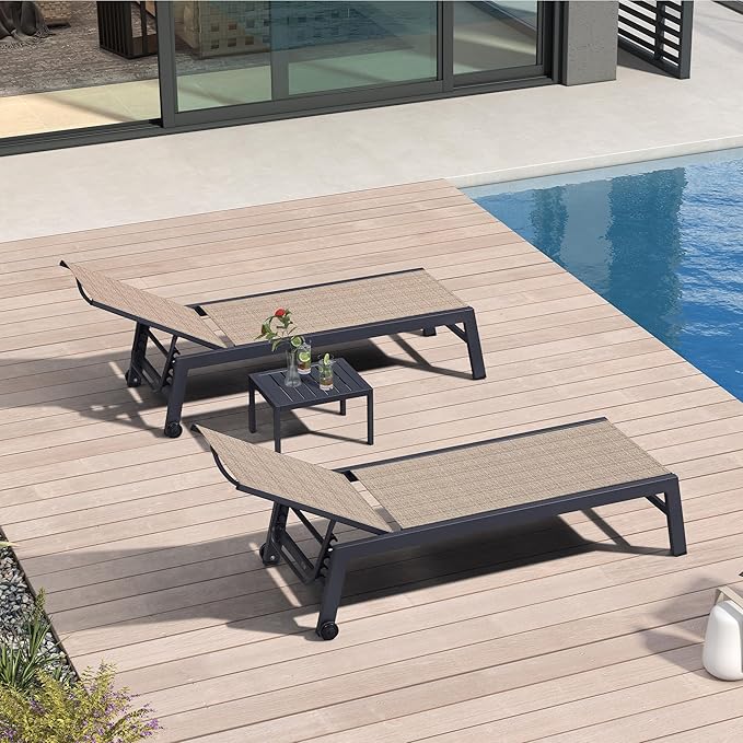 PURPLE LEAF Patio Chaise Lounge Set 4 Pieces Aluminum Outdoor Lounge Chairs with Wheels and Side Table Sunbathing Recliner Camel