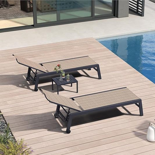 PURPLE LEAF Patio Chaise Lounge Set 4 Pieces Aluminum Outdoor Lounge Chairs with Wheels and Side Table Sunbathing Recliner Camel