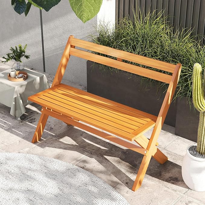 Tangkula Foldable Acacia Wood Outdoor Bench, 2-Person Patio Garden Bench with 800 lbs Capacity, Outside Loveseat Seating for Porch, Balcony, Yard & Park