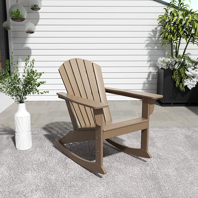 Costaelm Outdoor Adirondack Chair, All Weather Resistant Lawn Chairs Balcony Chair and Fire Pit Chairs, Deck Chairs Outdoor Porch Rocking Chair High Back HDPE Poly Lumber, Weathered Wood