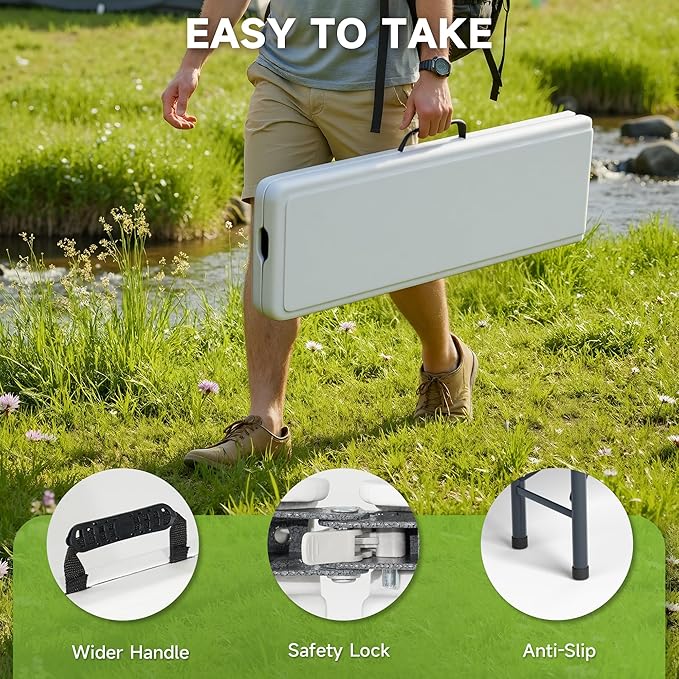 6FT Folding Bench - Heavy Duty 770lbs Capacity, Safety Locking Button & Wider Carrying Handle, Foldable Portable Bench for Outdoor, Picnic, Storage, Camping - White, 2 Pack