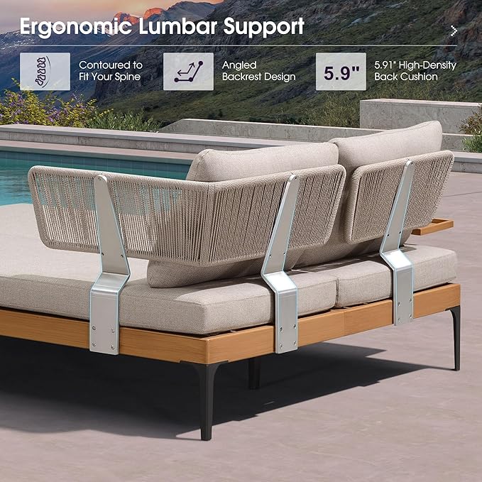PURPLE LEAF Outdoor Daybed Patio Loveseat Sofa 2-Person Aluminum Chaise Lounge Cushioned Furniture Set with Tray and Wicker Armrest for Pool Garden Backyard Porch, Pillows Included