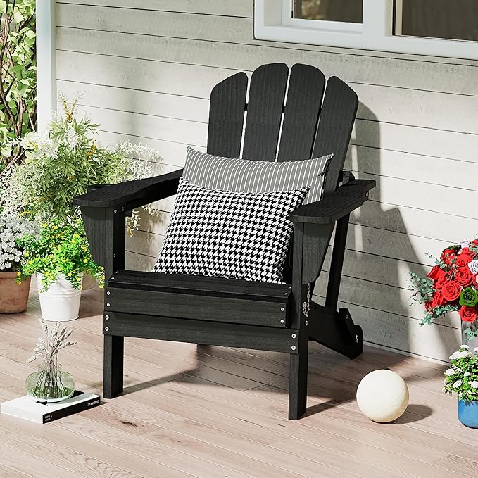 Domi Folding Adirondack Chair, HDPE All-Weather Outdoor Chair with Cup Holder, Wooden Textured Fire Pit Chair for Backyard, Patio, Poolside & Deck, Black