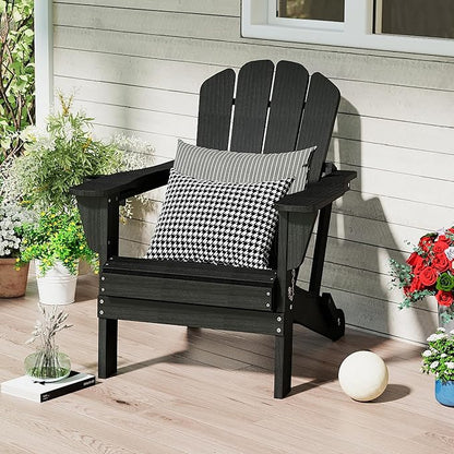 Domi Folding Adirondack Chair, HDPE All-Weather Outdoor Chair with Cup Holder, Wooden Textured Fire Pit Chair for Backyard, Patio, Poolside & Deck, Black