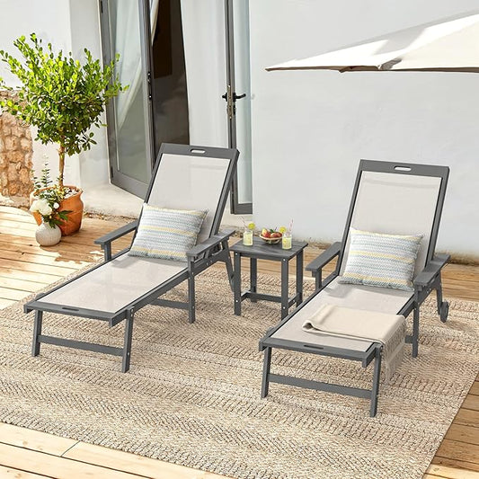 LUE BONA Chaise Lounge Chair Outdoor Set of 2, HDPS and HDPE Wicker Chaise Lounger with 5 Positions, Pool Lounge Chairs with Wheels and Adjustable Backrest for Patio, Poolside, Deck, Backyard