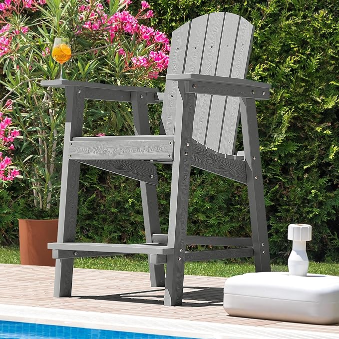 DWVO 25" Tall Adirondack Chair, Poly Bar Height Balcony Chairs, Weather-Durable Outdoor Barstool Lifeguard Chair for Deck Pool Patio and Porch, Gray