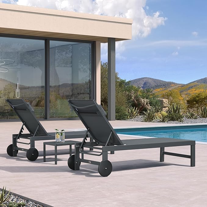PURPLE LEAF Patio Lounge Chair Set of 3 Outdoor Chaise Lounger Aluminum Frame with Side Table and Wheels for Pool - Photo 2