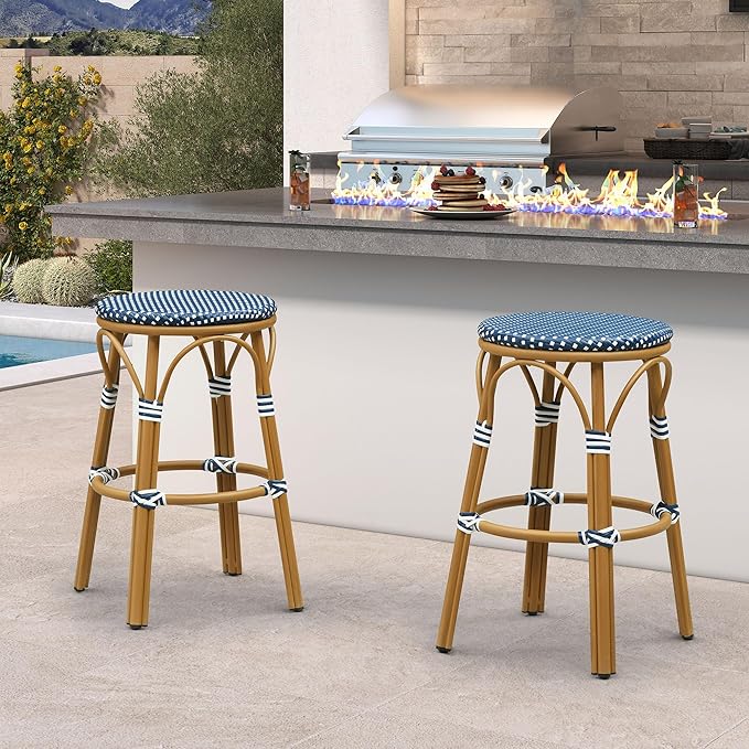 PURPLE LEAF Outdoor French Round 30" Bar Stool Set of 2 Oversized Backless Stackable Bar Chairs with Rattan Wicker - Photo 3