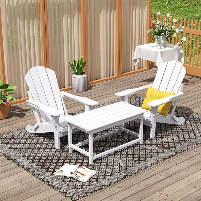 WO Home Furniture Adirondack Chairs Table Set of 3 PCS Outdoor Folding Chairs Coffee Table Weather/UV Resistant for Lawn - Photo 2