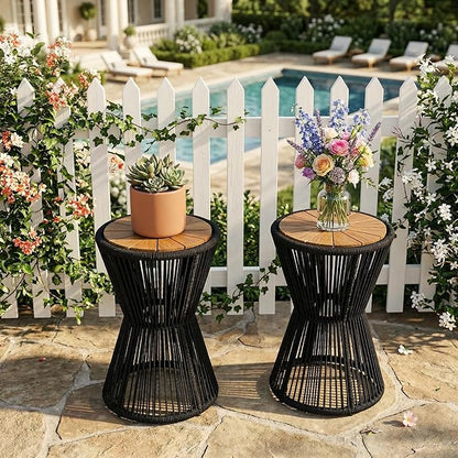 Merax 2 Pieces Round Outdoor Side Table Set, Bohemian Patio Side Tables with Acacia Wood Top and Black Handwoven Rope Base for Garden, Pool, Yard, Elegant Hourglass Design, No Assembly, 25.8" Height
