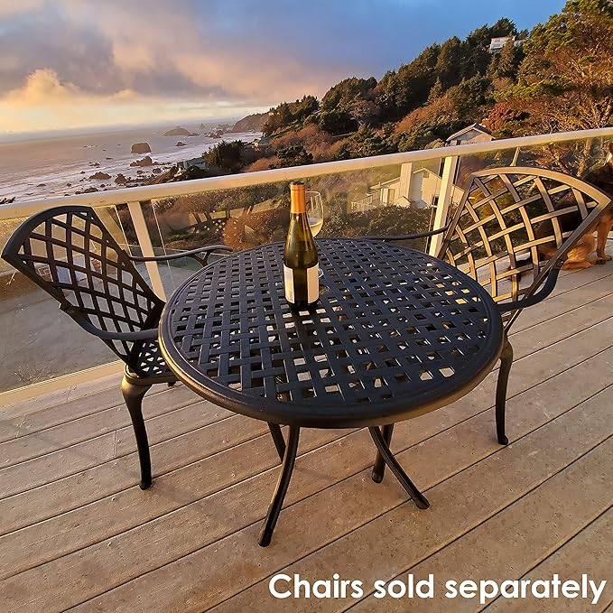 Sunnydaze Decorative Lattice Cast Aluminum Patio Dining Table with Umbrella Hole - 33-Inch Diameter - Black - Photo 8