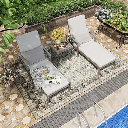 HAPPATIO Aluminum Patio Chaise Lounge Set 3 Pieces, Aluminum Patio Lounge Chair with Side Table, Pool Lounge Chair with Cushions for Patio Deck Poolside (Gray)