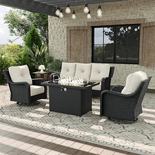 5 Piece Patio Furniture Set with Fire Pit Table, All-Weather Wicker Outdoor Conversation Set with Swivel Rocking Chair and 6 Inch Thick Cushions