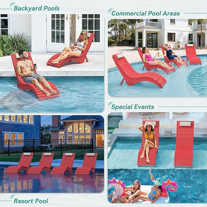 Pool Lounge Chairs Set of 4 - Anti-Floating HDPS Design for Pools & Backyard Sun Decks, Weighted Pool Chairs and Lounges for Poolside or Outside, Includes Headrest, Bright Red