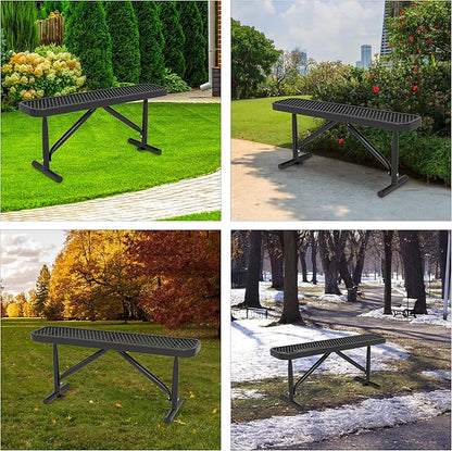 4ft Outdoor Metal Park Bench, 48" Backless Heavy-Duty Commercial Black Garden Bench with Expanded Steel Mesh Seat, Weatherproof Park Patio Dining Table Bench for Backyard Lawn School Porch Deck