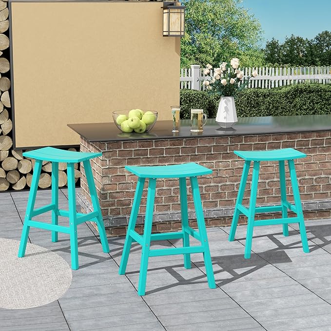 Costaelm All-Weather Bar Stools Set of 3, 29" Height Outdoor Bar Stools, Adirondack Poly Patio Bar Stool for Patio, Deck, Kitchen Counter and Garden, Turquoise