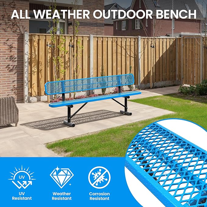 8 FT Steel Park Bench for Outside, Outdoor Bench with Backrest & Portable Frame, Thermoplastic Coating, Commercial Benches for Shopping Mall, Store, Park, Patio, Deck, Blue