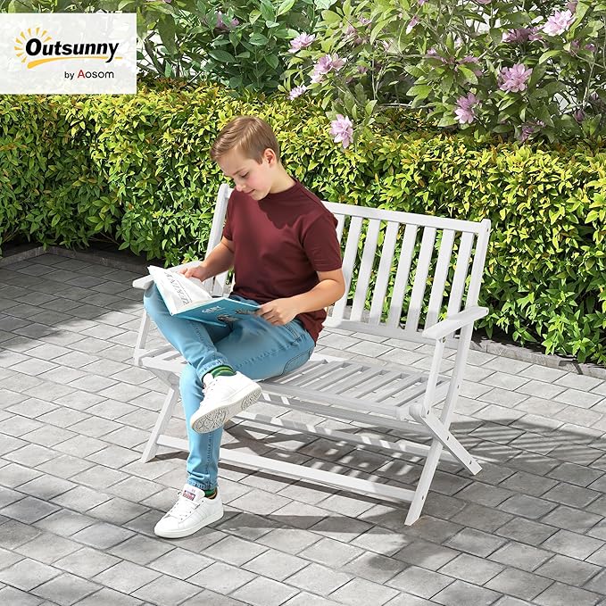 Outsunny Wood Outdoor Bench, 2-Person Foldable Patio Acacia Wood Garden Bench with Backrest and Armrests for Garden, Porch, Park, Balcony, White