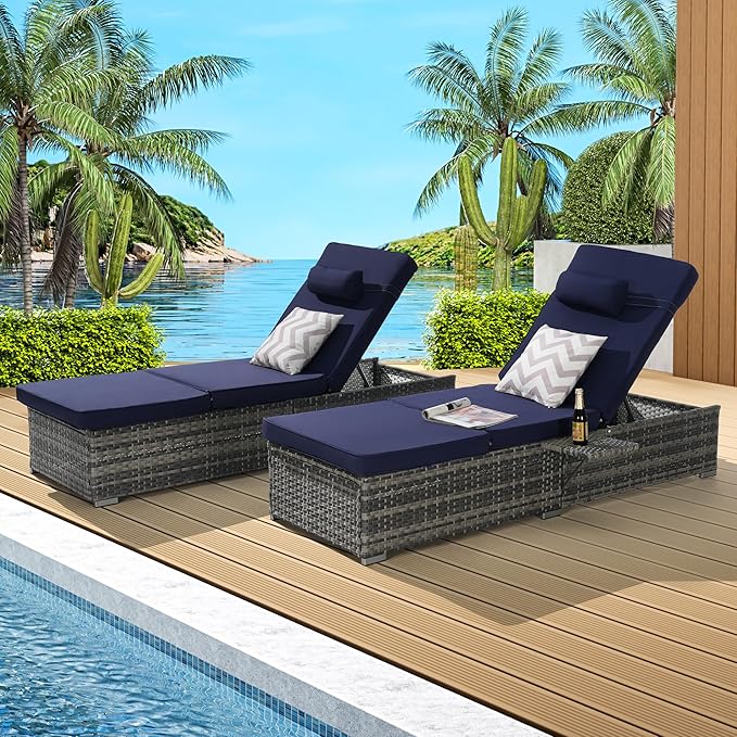 Outdoor Chaise Lounge Chair Set of 2 Wicker Pool Lounge Chairs Tanning Lounges for Outside Lawn Sunbathing Chairs with - Photo 1