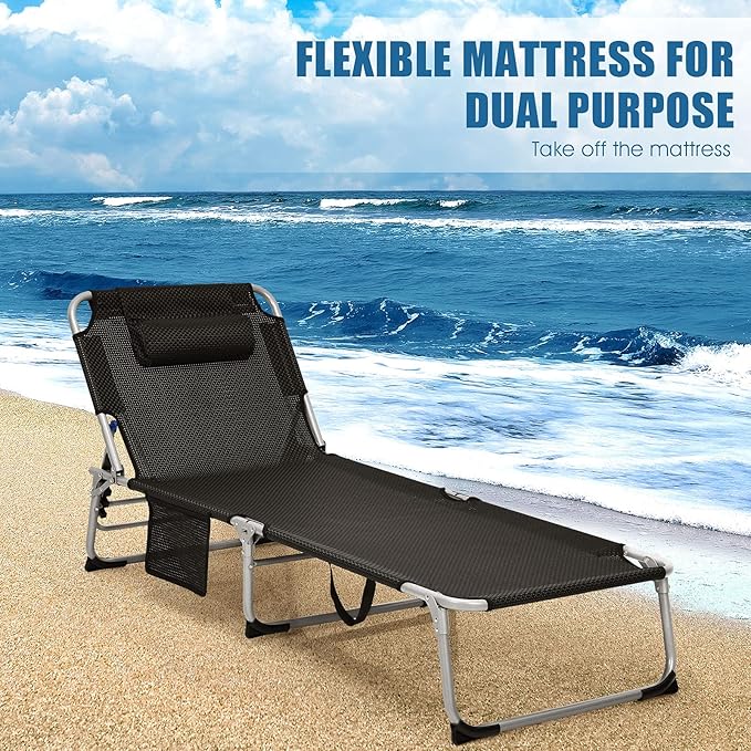 Giantex 2-in-1 Patio Chaise Lounge Chair with Detachable Mattress & Pillow, 4 Adjustable Position, Side Pocket, 330 Lbs Camping Cot, Folding Tanning Chair for Outside, Sunbathing, Pool, Lawn, Beach