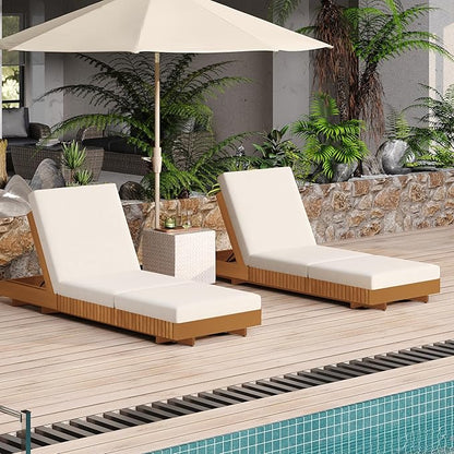 Merax 2-Piece Acacia Wood Chaise Lounge Set w/ 6-Position Adjustable Backrest & Cushion - Outdoor Patio Poolside Furniture, Beige