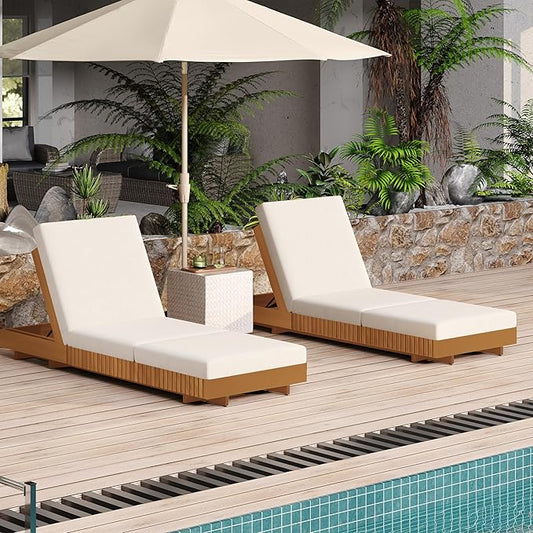 Merax 2-Piece Acacia Wood Chaise Lounge Set w/ 6-Position Adjustable Backrest & Cushion - Outdoor Patio Poolside Furniture, Beige