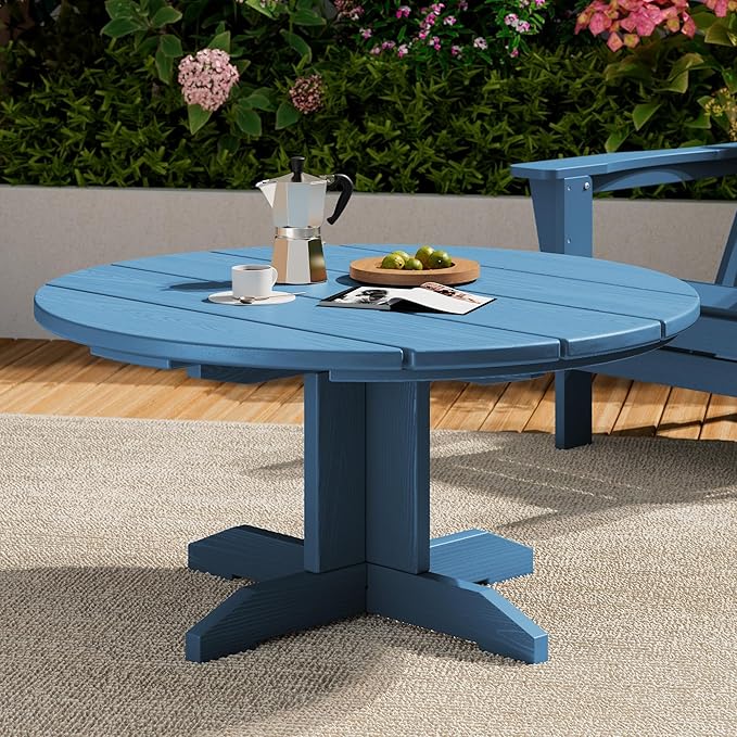 SERWALL 36'' Round Outdoor Coffee Table - HDPE Weatherproof Patio Table for Balcony, Garden, Backyard (Blue) - Photo 1