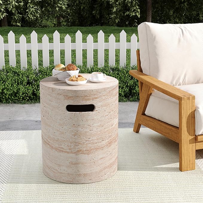 Christopher Knight Home Jaym 18.5" H Indoor Outdoor Accent Side Table, Patio Decorative End Table, Round Lightweight Concrete Garden Stool for Patio Balcony & Garden Decor, Travertine