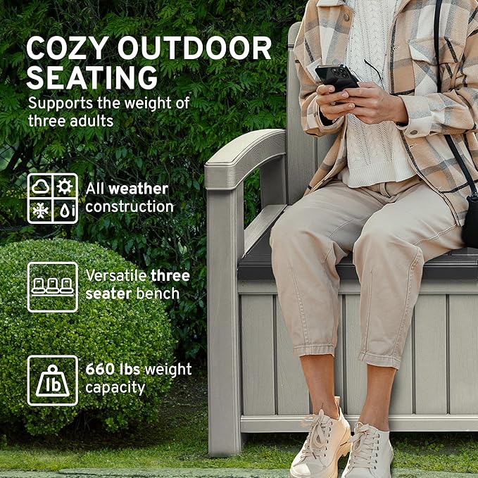 EconoHome 3 Seat Outdoor Storage Bench with Rain Cover - 90 Gallon Capacity - Weatherproof Resin Bench for Patio, Porch - Photo 4