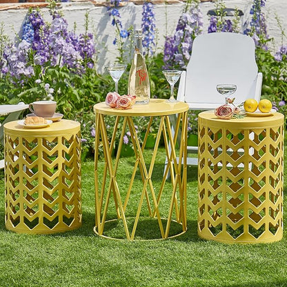 Y&M Nesting Side Table, Set of 3 Stacking Coffee Table for Living Room, Indoor End Tables, Outdoor Decorative Garden Stool with Heavy Duty Metal Frame Modern Industrial Decor - Yellow