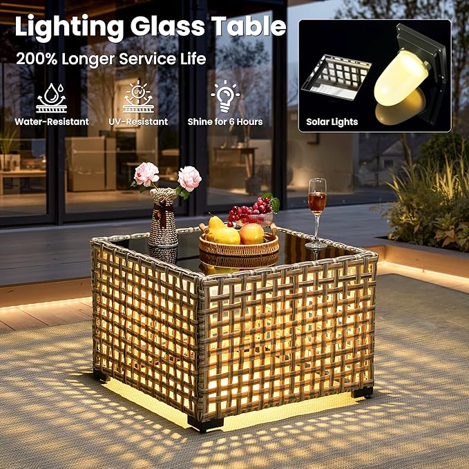 ovios Outdoor Side Table with Tempered Glass Top, Patio Wicker Rattan Solar Lights Tables for All-Weather Porch Deck Balcony Garden Poolside (Mixed Brown-Medium Size)